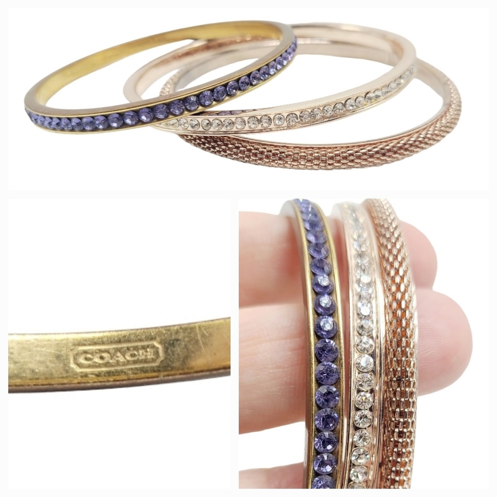 Goldtone Bangle Bracelet Stacker Set purple and white crystal rhinestones